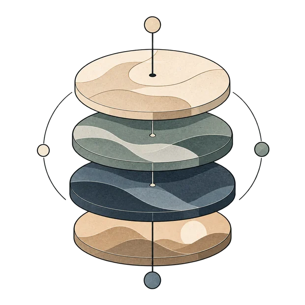 Four stacked discs pierced on a shared central axis, each a distinct tone: several independent dimensions, read separately, combined into one classification.