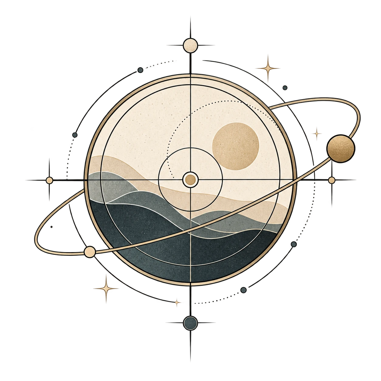 A line-drawn astrolabe of orbiting rings and markers set over a layered ivory and slate landscape beneath a circular sun, in gold and ink tones.