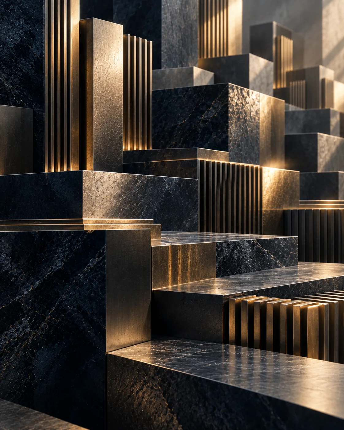 The darkest and most angular formation in the set, brass-lit black stone standing apart from the rest.
