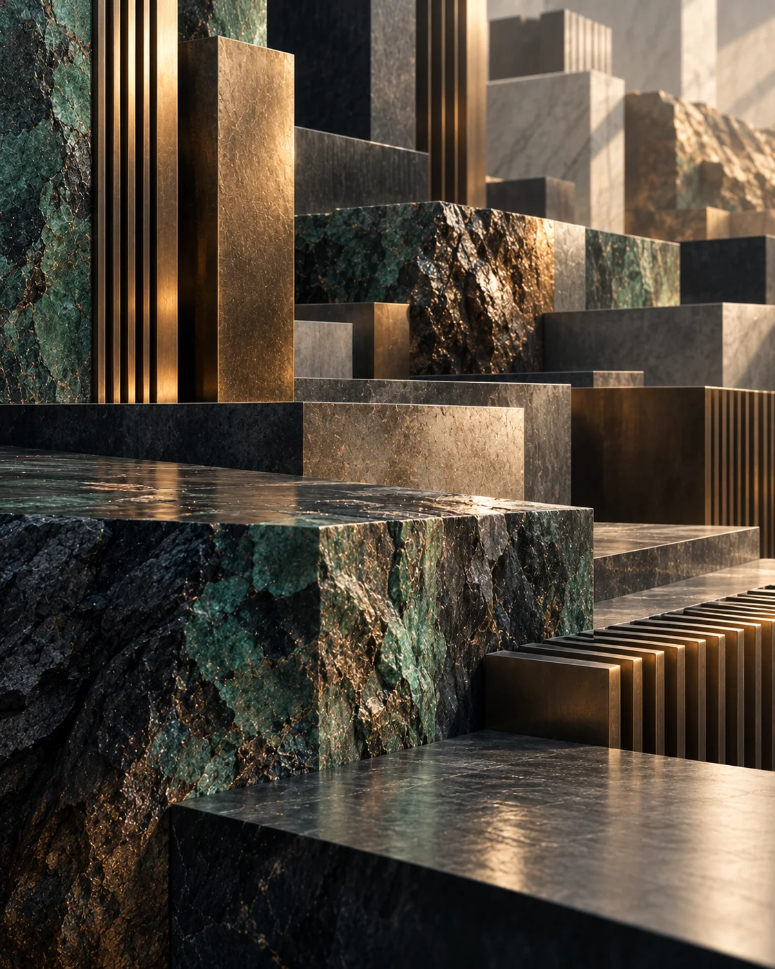 Rough-cut stone veined with green mineral and brass, set among the same architectural forms.