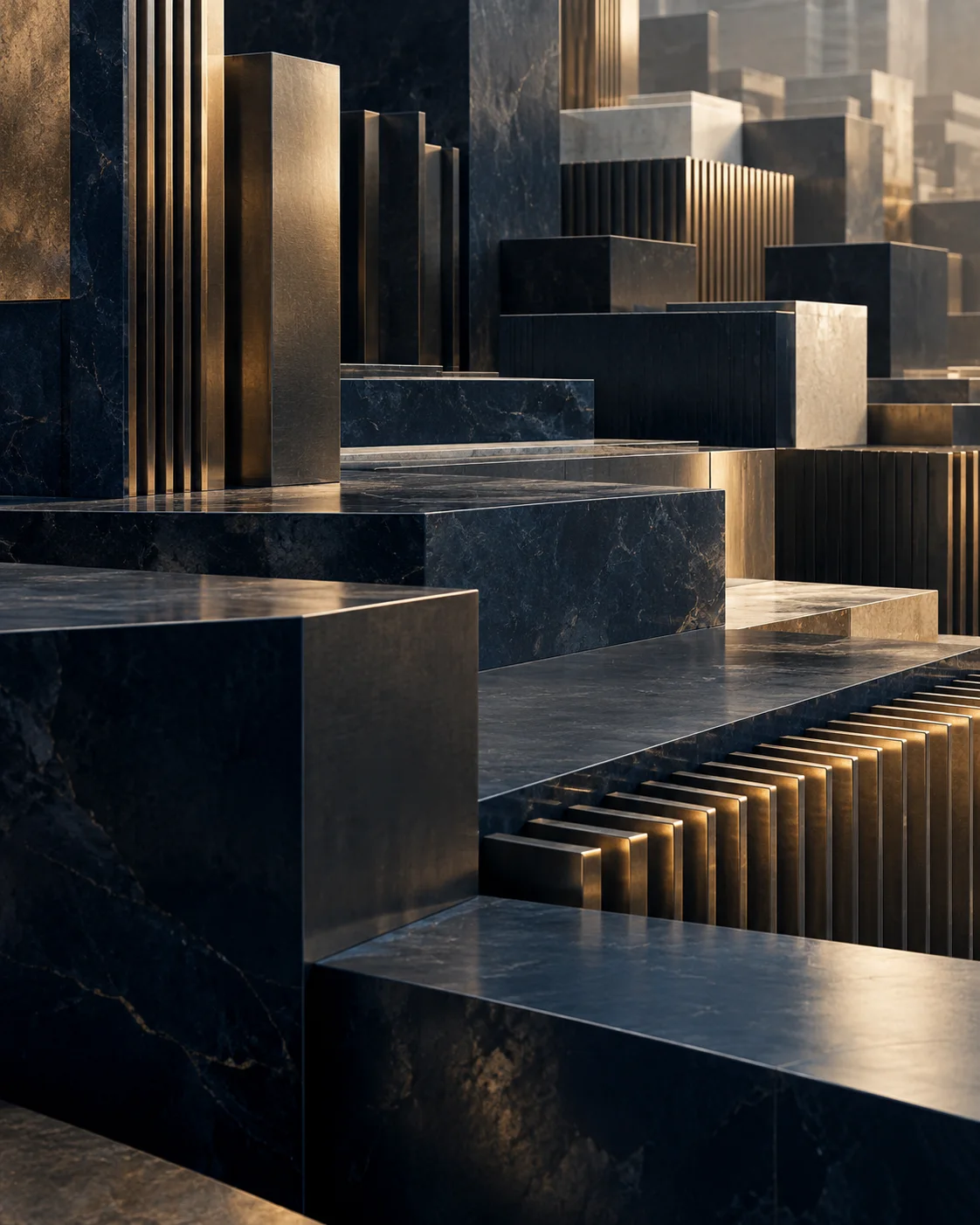Black marble and brushed brass architectural forms rising like a dense skyline, lit from within.