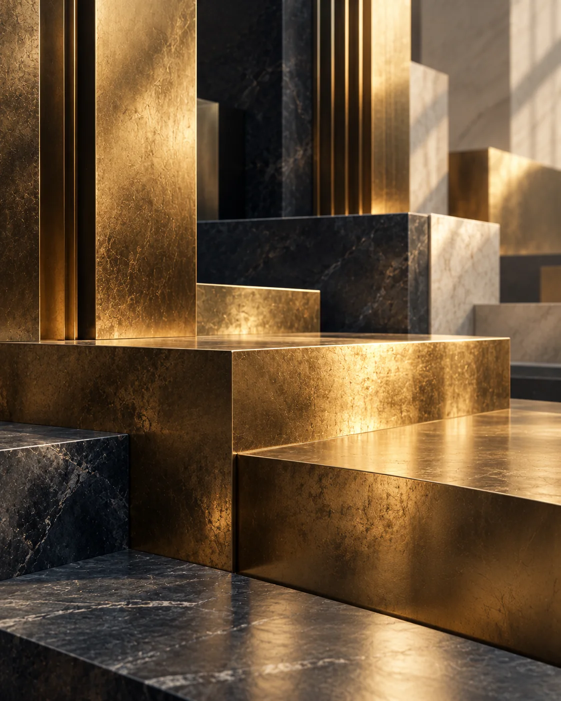 A solid block of brushed gold catching direct light against dark stone steps.